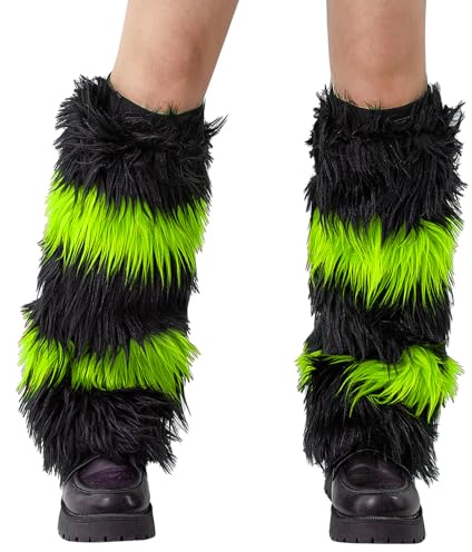 YILEEGOO Womens Faux Fur Fuzzy Leg Warmers Warm Fuzzy Rainbow Boot Sleeves Boot Covers Cuff Fluffy Rave Music (A Black Green, One Size)