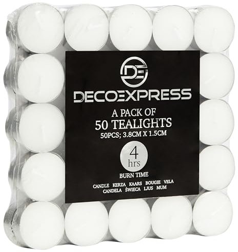 DECO EXPRESS Teelichter Großpackung, 24, 25, 50, 100 oder 200 Teelichter Lange Brenndauer 4, 8 oder 10 Stunden (Weiß, 50/4 Stunden)