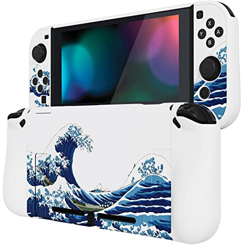 PlayVital Ergonomic Grip Case for Nintendo Switch, Upgraded Protective Hard Case Protector for Switch, Shock-absorbent Anti-Scratch Personalized Dockable Durable Cover Game Accessories, The Great Wave