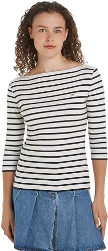 Tommy Hilfiger Damen Langarmshirt Slim U-Boot-Ausschnitt, Mehrfarbig (Breton Ecru/Desert Sky), XS