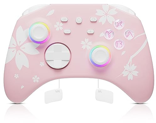 Mytrix RGB Pro Wireless Controller Compatible with Nintendo Switch, Windows PC iOS Android Steam Deck, Sakura Pink Controller with Programmable Buttons, Auto-Fire Turbo, Motion Vibration