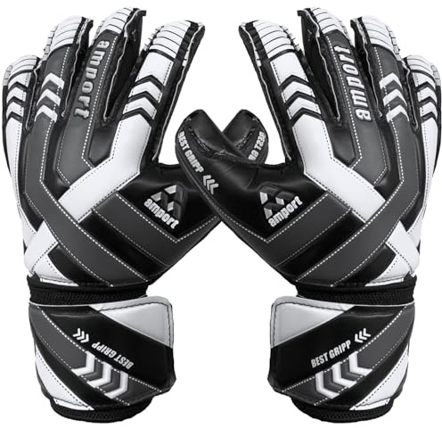 amport Goalkeeper Gloves – Finger Spine Protection, Hybrid Cut & Wide Double Layer Wristband – Unique Designed, Best Grippy and Consistent Palm Grip Goalie Gloves for Kids, Youth & Adult