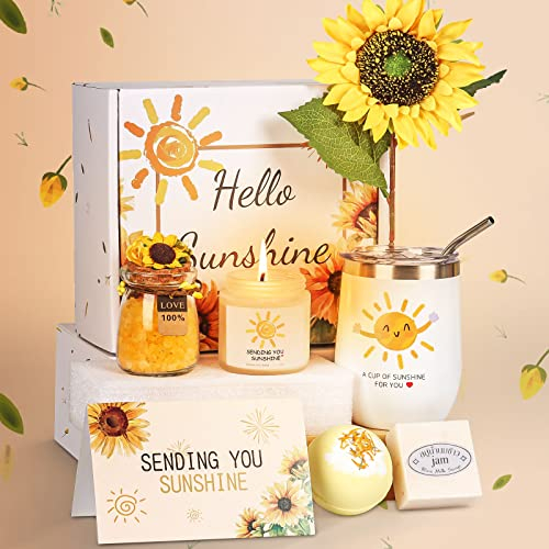 Wellness Geschenke für Frauen, 8er Set Rituals Geschenkset für Freundin Sonnenblume Badezusatz Frauen, Mama Körperpflegesets mit Weingläser, Duftkerze, Badebombe, Badesalz, Seife, Grußkarte