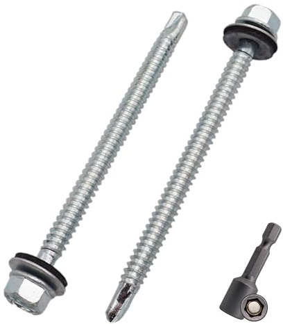 SKIR'CO (15 st) Förzinkade takskruvar 6,3 x 90 mm, sexkantshuvud, DIN 7504-K Självborrande skruvar med EPDM tätningsbrickor