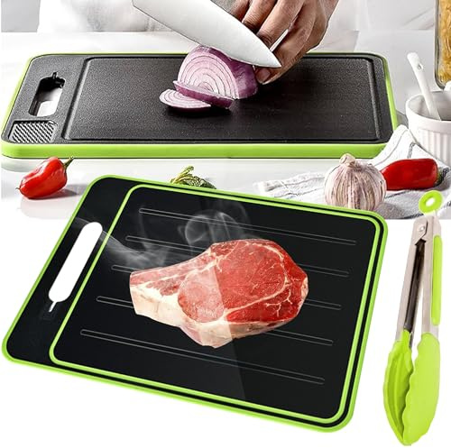 CERCI - 4 in 1 Defrosting Tray for Frozen Meat with Cutting Board. Also Includes Silicone Tongs. Aluminum thawing Tray for Frozen Meat.