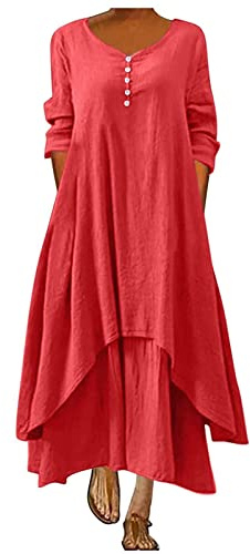 Vestito Donna Taglia Grande in Lino, Offerte di Primavera Manica Corta Vestiti Casual Spiaggia Abito in Lino Eleganti Tinta Unita Vestito Boho Abiti al Ginocchio Larghe Girocollo Vacanza Festa Vestiti