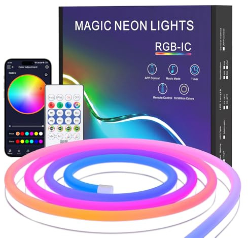 2M Neon LED Strip, RGB IC Flexibel LED Strip Utomhus Vattentät 5V LED Neon Rope Light Dimbar med App Control Music Sync Fjärrkontroll Färgbyte för inomhus- och utomhusdekoration