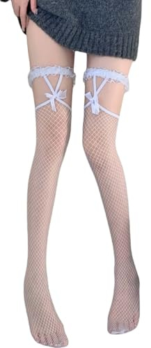 SULTEYSHOW Sexy Lace Thigh High Stockings Silicone Lace Stay Up Silky Semi Sheer Tights Pantyhose for Women Hold Up Cosplay (3410white)