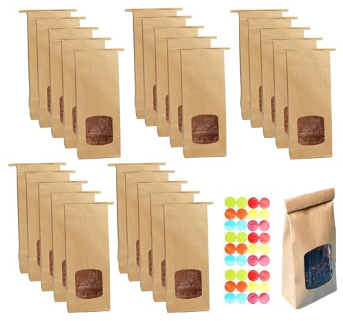 VOSSOT Braune Kraftpapier,TüTen mit Sichtfenster, Kraftpapier TüTen mit Verschlussclip PapiertüTen BrottüTen Papier KekstüTen mit Wasserdichtem Futter 26×11×5.5cm für NüSse Kaffeebohnen SüßIgkeiten