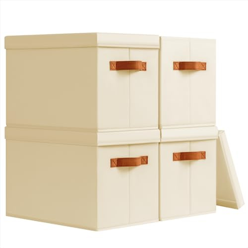 Homsorout Aufbewahrungsboxen mit Deckel - 4er Set Aufbewahrungskorb Stoff Faltbare Aufbewahrungsbox mit Transparentem Sichtfenster, 35 x 25 x 25 cm Faltbox für Kleidung, Würfelregal, Beige