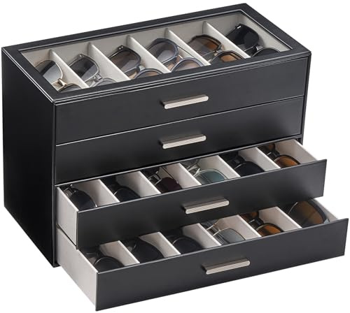 Lolalet 24 slot Occhiali da sole Organizzatore, scatola da occhiali da sole a 4 strati con coperchio di vetro trasparente Display Case Storage Holder -Nero