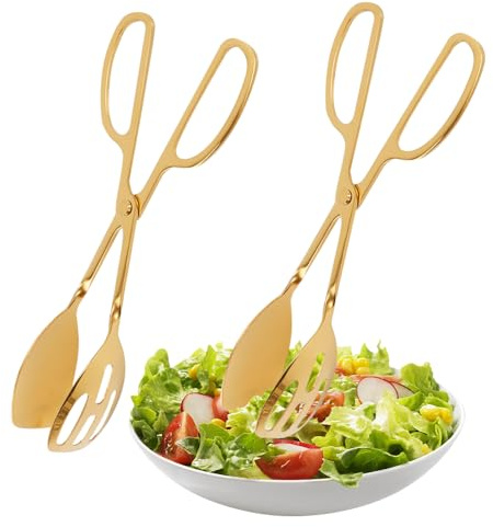 Confezione da 2 pinze per insalata e servizio, pinza per asparagi con manici a forbice – Pinze per spaghetti, posate da insalata in acciaio inox per barbecue, cucina, servire e pasta (oro)