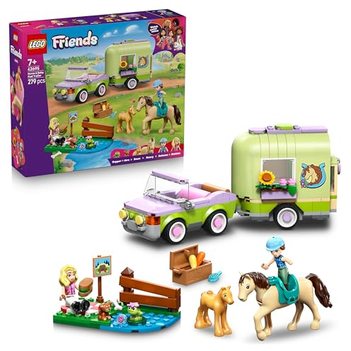 LEGO Friends Släp med häst och föl Lekset med djur – Byggsats med 2 minidockor, häst, föl, valp och groda – Present för flickor, pojkar och barn från 7 år – 42695