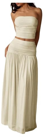 Verdusa Women's 2 Piece Sets Summer Skirt Set Brunch Vacation Outfits Ruched Strapless Bandeau Top with Maxi Skirt Yellow Small