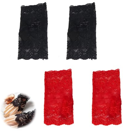 2 par damspetshandskar, damer spets fingerlösa handskar kort skurna fingerlösa handskar för kvinnor flickor halloween fingerhandskar korta bröllopshandskar för fest, svart + röd