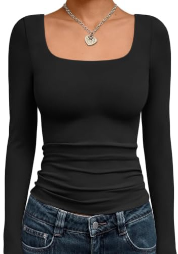LILLUSORY Long Sleeve Tops Women UK Square Neck Double Lined Basic T Shirts Plain Tight Fitted Lightweight Capsule Wardrobe Clothing Black M