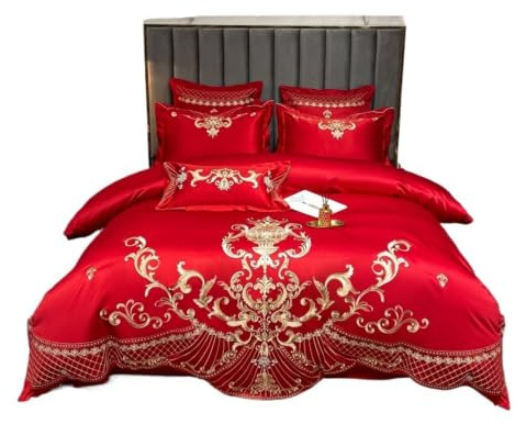 Satin sängkläder set kungligt guld tvättad satin bomull, påslakan, justerbart lakan, örngott, hemtextil, pärlvit (röd, flat_queen size)
