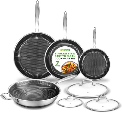 Nutrichef Stainless Steel Pan Set, 7-Piece Frying Pan, Saucepan Set, Non Stick Cookware, Induction Hob, Triply, Dakin Etching Nonstick Coating - Small, Medium, Large Stir Fry Pans with Lid, Wok