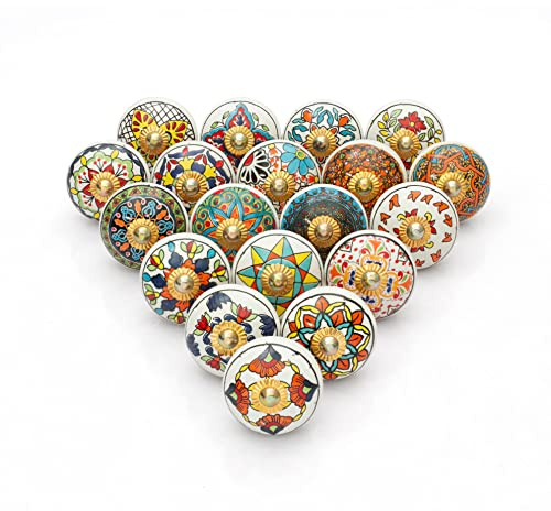 Craft Trade Multicolor Ceramic Cabinet Knobs, Pack of 20 | Colorful ceramic mandala knobs for drawers, cabinets, cupboards, wardrobes, dressers and kitchen furniture.