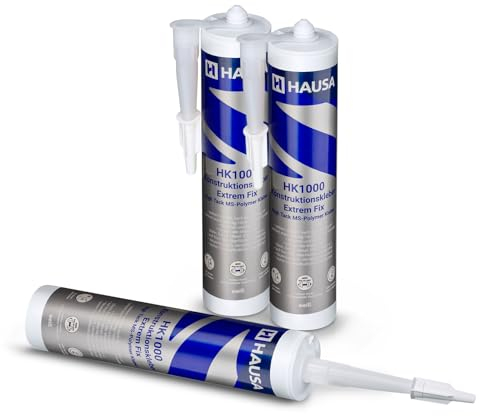 HAUSA High-Tack Montagekleber 3x 290ml extrem starker Alleskleber für Metall Stein Holz Spiegel elastischer MS Polymer Konstruktionskleber HK1000 für Innen Außen nasse trockene Oberfläche weiß