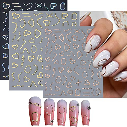 SURALIN 6PCS Nail Art Stickers, Nagelsticker Selbstklebend Bronzing-Laser-Roségold-Herz DIY Nagel Aufkleber Sticker,Sticker für Nägel