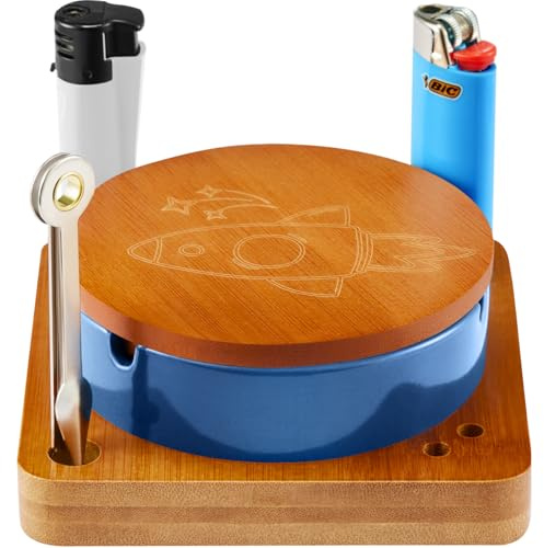Cute Ashtray with Lighter Holder, Ceramic Ashtray with Lid Cover - Windproof & Odorless, Lidded Ash Trays Indoor Office Patio Porch Vintage Astronaut Decor, Cool Cigarette Gifts for Careless Smoker