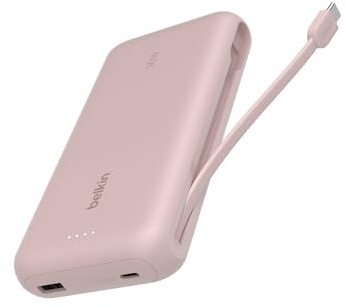 Belkin Portable Charger, Power Bank with Integrated Cable 20K PD 30W - Fast Charging USB-C Power Delivery, Portable Charger for iPhone 16 Series, iPad Pro, Galaxy S25 Series, and More - Pink
