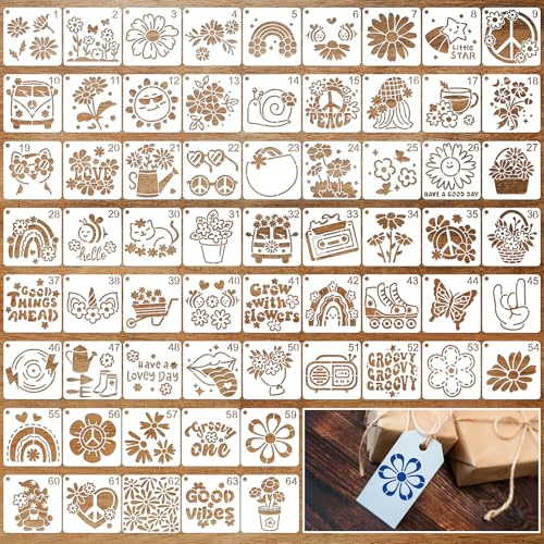 JSRQT 64 Piezas Plantillas Hippies para Pintar, Plantillas de Flores Reutilizables para Pintura, Painting Stencils Set,Ideal para Diarios, Postales, Lienzos Pequeños y Álbumes (7.6 x 7.6 cm)
