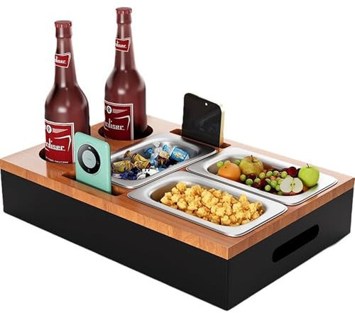 YUEMING Divano bar snack box, divano in legno bar divano vassoio con ciotole snack in acciaio inox divano maggiordomo vassoio da portata divano mensola per soggiorno camera da letto giardino campeggio