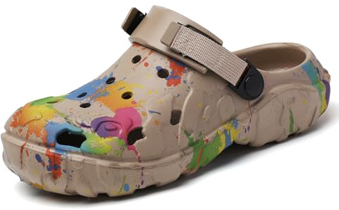 ELIOGN Zuecos de goma EVA para hombre con diseño de salpicaduras de color, ligeros, antideslizantes, con correa ajustable, zapatos de agua transpirables para jardín, playa, piscina y ocio en verano