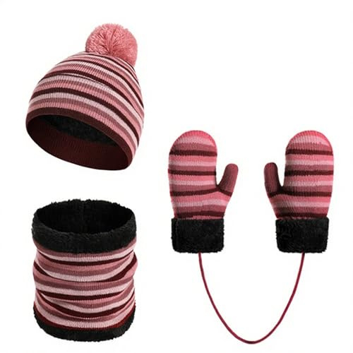 Yoolhamy Barnhatt halsduk handskar set för flickor pojkar vinter stickad halsvärmare mössa mjuk tjock fleece foder elastisk pom pom hatt keps för barn utomhussport, Rosa, one size