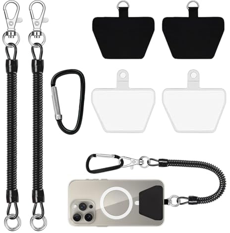 Bravien 2pcs Cordon Telephone Portable avec Ressort Kit Cordon Anti Chute Retractable Flexible avec Mousqueton Et Patch Accessoire De Protection Compatible avec Tous Les Smartphones
