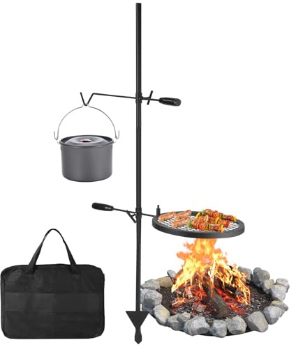 24.4'' x24.4'' Campfire Grill with Height Adjustable Swivel Grill Grate and Hanger Rod, Portable Campfire Cooking Equipment with Carrying Bag for Outdoor BBQ, Picnics & Backyard Grilling