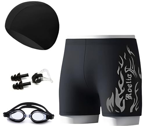 Conjunto profesional de natación de 5 piezas para hombre: bañador, gorro, gafas, tapones para nariz y oídos, estampado de llamas plateadas, ideal para entrenamiento y natación estilo libre (negro).