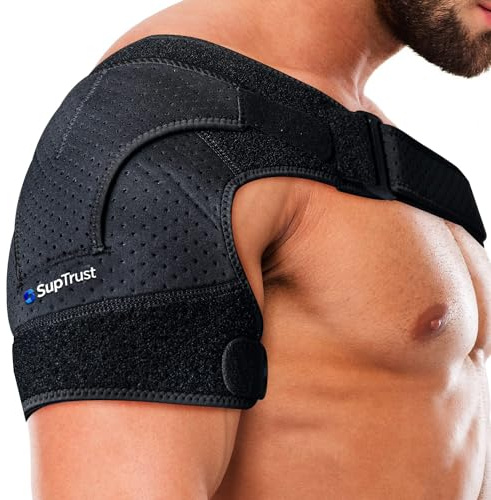 Suptrust Shoulder Brace for Women and Men: Shoulder Pain Relief Rotator Cuff Support Brace - Adjustable Fit Sleeve Wrap Relief for Injuries and Tendonitis - One Size Regular(Black)