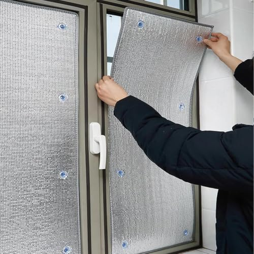 LRYELWA Lámina Aislante de Aluminio Reflectante,Película de Protector Solar para Ventanas,Lámina Aislante Doble Cara para Frío y Calor,para Techo Garaje Oficina,con Ventosas (65cm x 120cm)