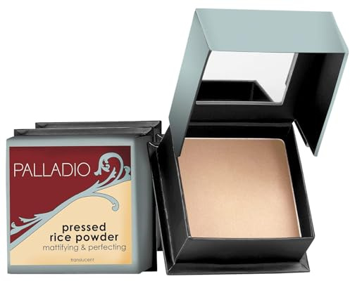Palladio, Pressed Rice Powder with Mirror Mattifying Makeup Setting that Lasts All Day Instantly Absorbs Oil Works alone or with makeup, Translucent