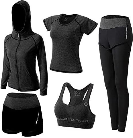 ZETIY Tute da Ginnastica Donna Set, 5 Pezzi Abbigliamento Sportivo Donna per Pilates Yoga Jogging Gym Workout Ginnastica Include Manica Lunga e Corta, Pantaloni, Reggiseno - Nero - S