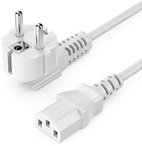 deleyCON 1m Cable de Alimentación a Prueba de Choques con Enchufe Tipo F (CEE 7/7) en ángulo de 90° a Conexión de Entrada C13 para Ordenador, PC, Monitor, Impresora y Proyector - Blanco
