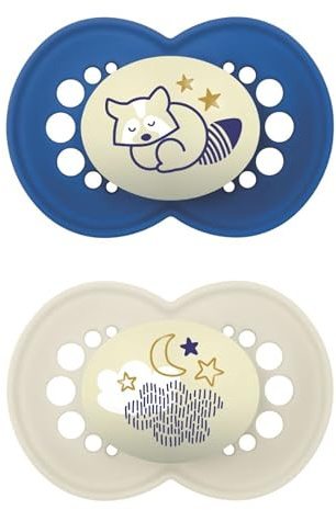 MAM Original Night Succhietto 16+ Mesi (Set da 2), Ciuccio MAM 16 36 mesi silicone e ortodontico che si illumina al buio, Kit da 2 accessori neonato con porta ciuccio sterilizzatore, Blu/Crema