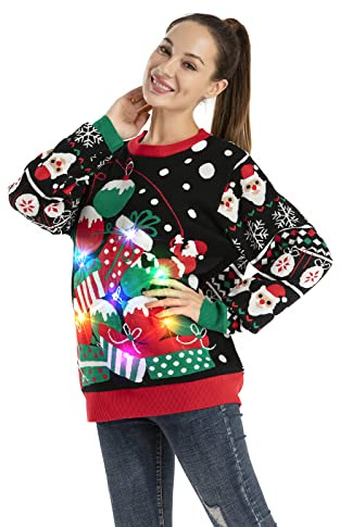 OFF THE RACK Pull de Noël Laid, LED Sweat à Tricoté Drôle de Noël pour Femmes avec Un Renne Elfe Lama et Un Arbre de Noël, Sweat-Shirt Festif Unisexe pour Noël