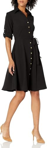 SHARAGANO Women's Button Front Pleated Shirt Dress Casual, Black, 20