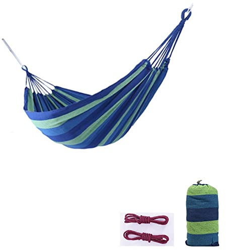 Utomhus vävd bomullshängmatta, campinghängmatta för 2 personer, bärbar lätt med bärväska, perfekt för uteplats, balkong, uteplats, trädgård, camping (250 x 100 cm), blå)
