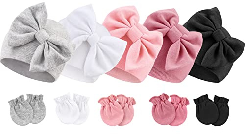 DRESHOW Sombrero y Manoplas para Bebé Recién Nacido,5 Sombreros y 5 pares de Manoplas para Bebés, Niños, Niñas, 0-6 Meses