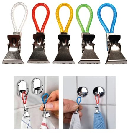 Cantini Toallero de cocina de acero inoxidable y plástico, multifunción, moderno, ligero, 5 colores, clip para toallas, gancho para almacenamiento