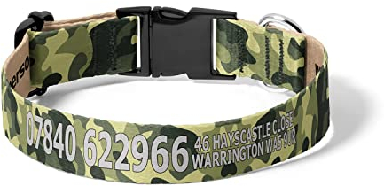 Hundehalsband mit Telefon, Adresse und Name. Personalisiertes Halsband für den Hund. Wählen Sie die Riemen- und Textfarbe (Camouflage)