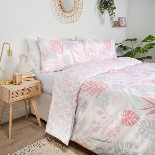 Dreamscene Tropical Palm Leaf Duvet Set with Pillowcase, Super King Duvet Cover Set, Floral Bedding Superking Bed Set, Comfy Quilt, Reversible Palm Leaves Design, Polycotton, Blush Grey, 260x220cm