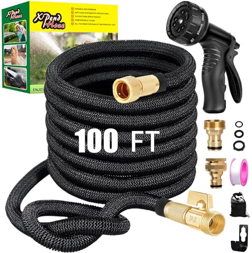 XPendHoze 100FT Hose Pipes Garden Hose with 10 Function Spray Gun,3 Times Garden Hoses Hose Pipe with 3/4,1/2 & Kitchen tap Fittings,Expandable Magic Anti-Leakage Lightweight Easy Storage