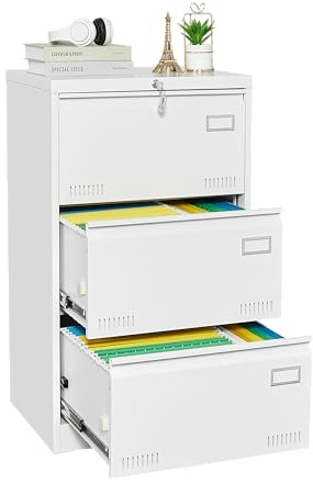 Jintop 3 Drawer Lateral File Cabinet with Lock and Card Holder, Multifunctional Metal Filing Cabinets w/Heavy 3 Section Slide Rail & Breathable Holes,for Legal/Letter/A4,White