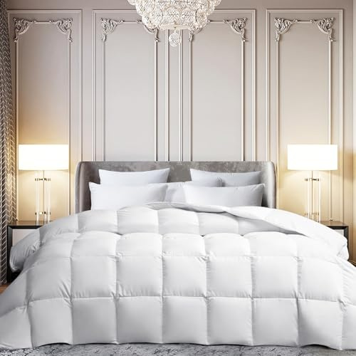 Martha Stewart White Goose Feather Down Fiber Comforter Twin Size- Lightweight Duvet Insert, Noiseless Fabric with 34oz Filled Luxury Cloud Fluffy Bed Comforter with 8 Corner Loops, White 68x90inch